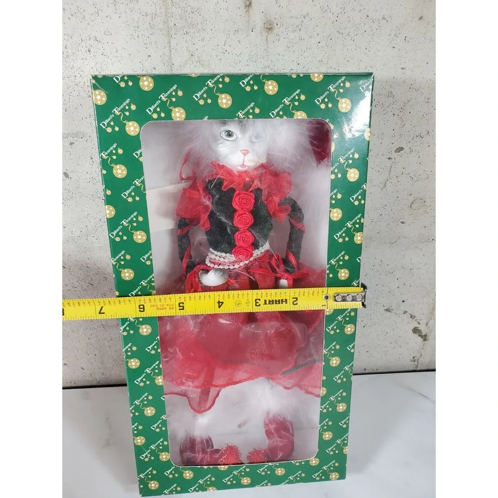 Vintage Dillards Trimmings Porcelain Cat in Red Dress‎ Christmas Decor holiday